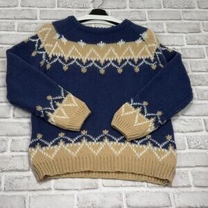 100% Mohair Fair Isle Knit Sweater Blue and Tan Winter Cozy Women's‎ Size S
